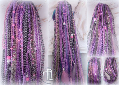 Ponytail Hair Fall Extensions Purple Pink Grey Elements Accents Feathers synthetic box braids hair scrunchie clip in Clip on Braids