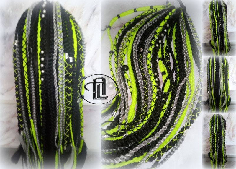 Ponytail Hair Fall Extensions Green Black Grey Ombre Elements Accents Feathers synthetic box braids hair scrunchie clip in Clip on Braids