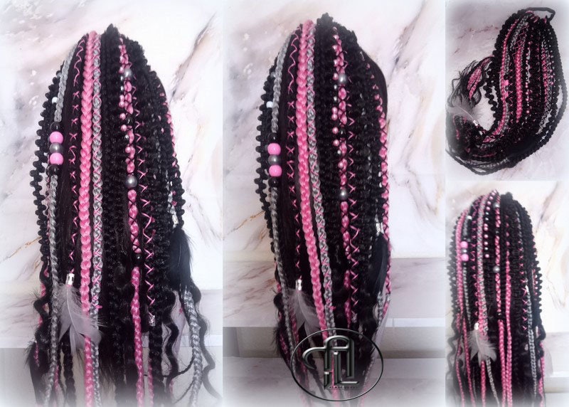 Ponytail Hair Fall Extensions Black Pink Grey Ombre Elements Accents Feathers synthetic box braids hair scrunchie clip in Clip on Braids