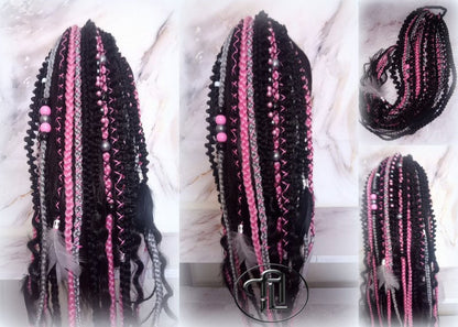 Ponytail Hair Fall Extensions Black Pink Grey Ombre Elements Accents Feathers synthetic box braids hair scrunchie clip in Clip on Braids