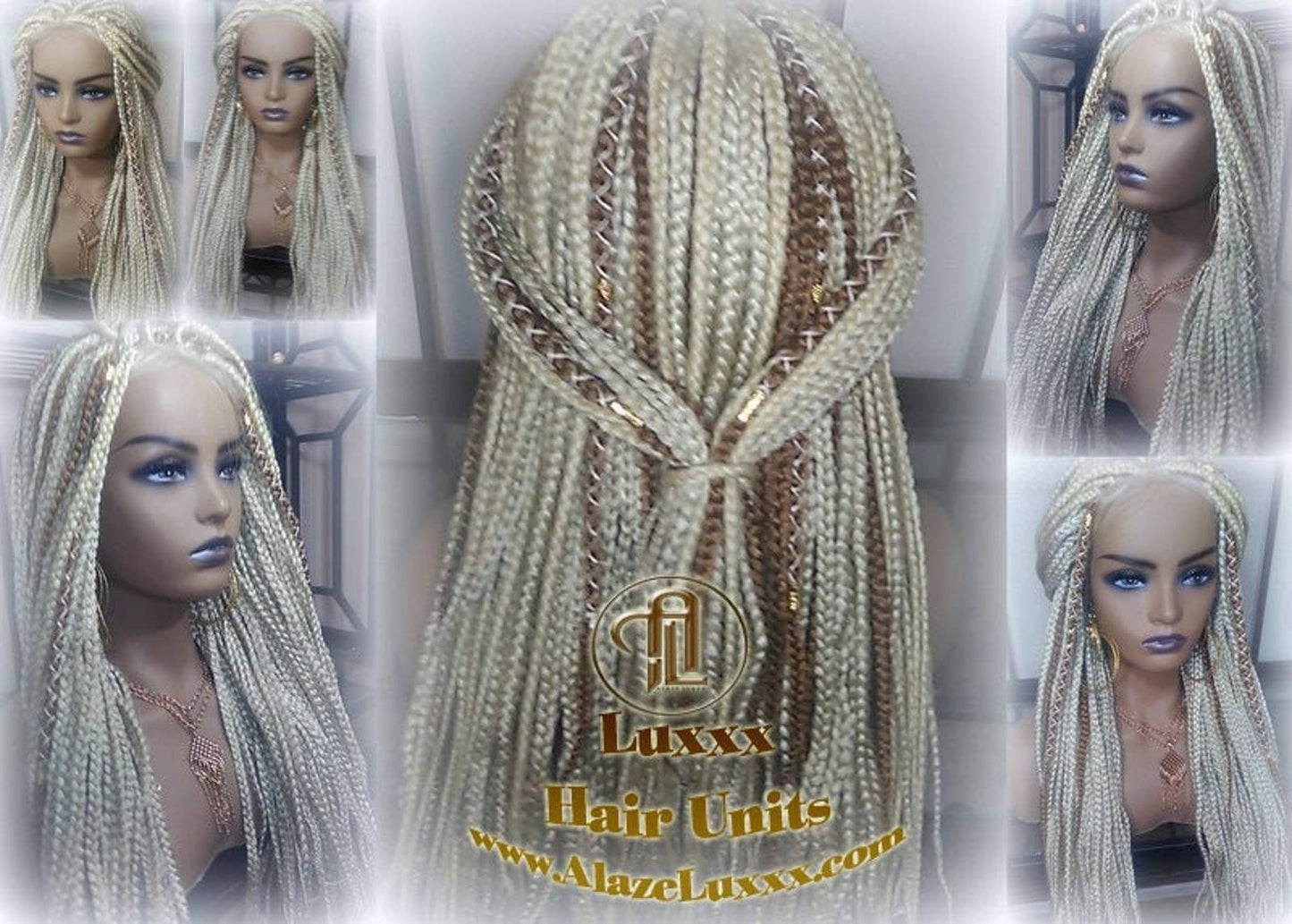Blonde 613 27 Mix Box Braid Wig Ombre Balayage Honey Blonde Platinum Lace Baby Hair Unit Small Medium Straight Plaits! Braid Lace Wig