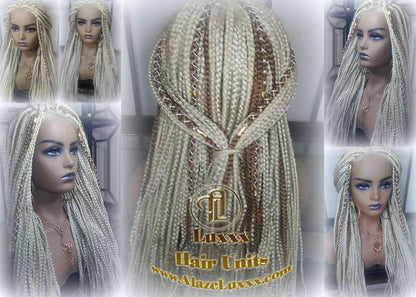 Blonde 613 27 Mix Box Braid Wig Ombre Balayage Honey Blonde Platinum Lace Baby Hair Unit Small Medium Straight Plaits! Braid Lace Wig