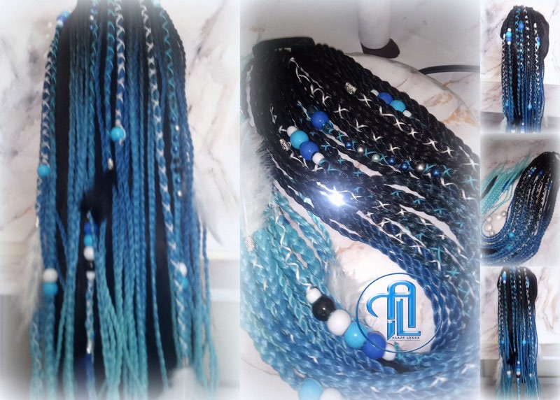 Black Blue Ombre Braids Extension on Hairband Hair Tie Synthetic Dreads Ponytail Boho Hair Falls RenaissanceAccents Feathers synthetic