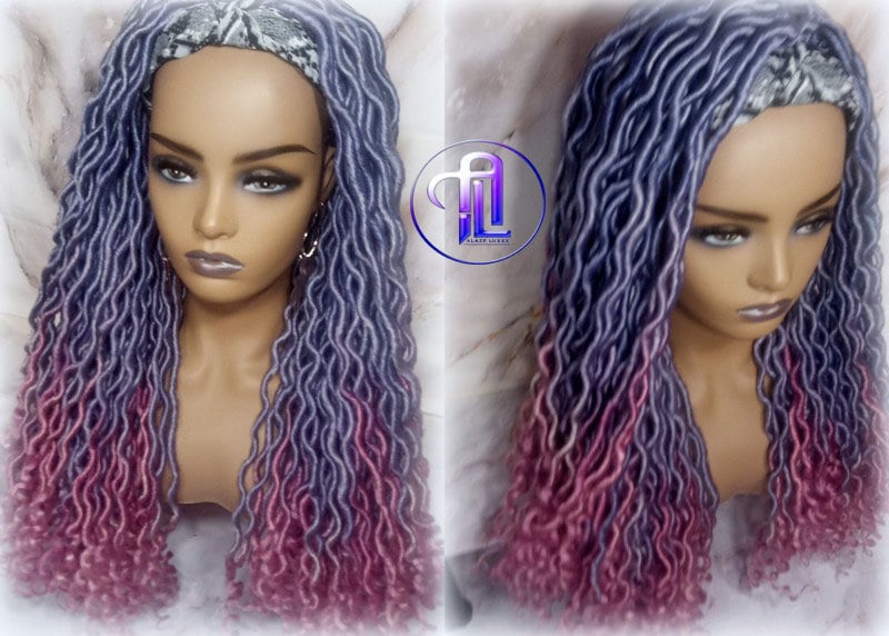 Headband Wig Unicorn Ombre Goddess Boho Locs Purple Pink Faux Locs Crochet Synthetic Dread Curly Ends Braided Hair Fall