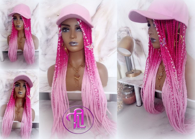Hot Pink Light Pink Ombre Box Braid Hat Wig  Gym Hat Baseball Cap Braided Hair Hat Wig Cap Chemo Hat Alopecia Breast Cancer Awareness
