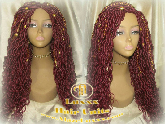 Costume Carnival Festival Hair Wig Rich Red Gold Goddess Faux Loc Braided Wig Gypsy Bohemian Boho Dread DE SE Dred Lock Crochet Braided Wig