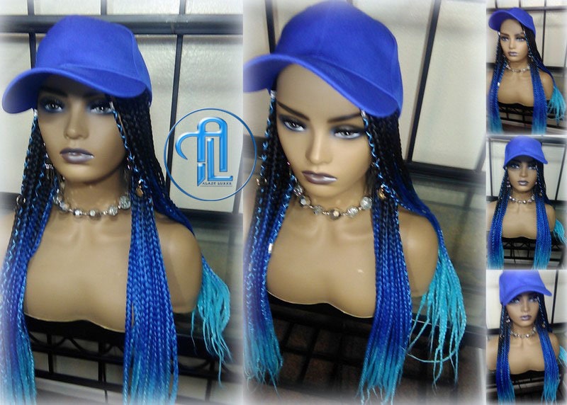 Blue Ombre Box Braid Hat Wig  Gym Hat Baseball Cap  Braided Hat Wig Women’s Hair Summer Hat Winter Hat Hair Cap Wig Hat Chemo Hat Alopecia