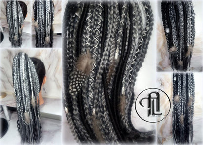 Viking Ponytail Hair Fall Extensions Black Silver Grey  Elements Accents Feathers Jungle box braids hair scrunchie Butterfly