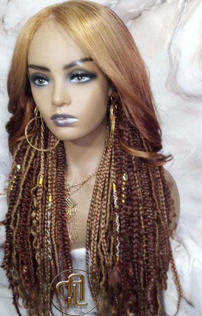 Human Hair Lace Frontal Dread Braid Twist Boho Synthetic Middle Part Bohemian Ombre Brown Blonde Long Wavy Curly Balayage Wig Viking Wig