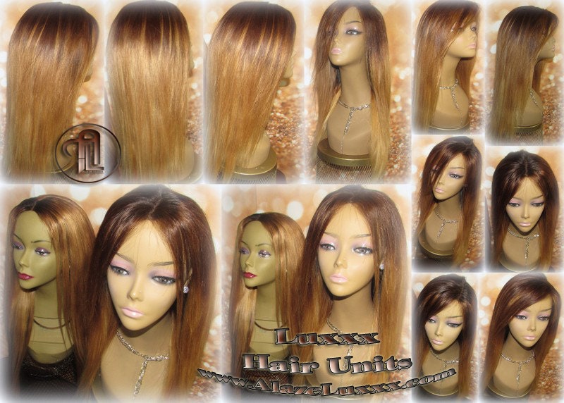 Virgin Hair Unit Wig Brown Blonde Ombre Straight Honey Hair Highlights Balayage Closure Blonde Wig 27 613 platinum dark roots Wig Stylist