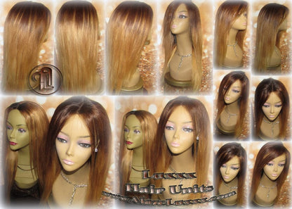 Virgin Hair Unit Wig Brown Blonde Ombre Straight Honey Hair Highlights Balayage Closure Blonde Wig 27 613 platinum dark roots Wig Stylist