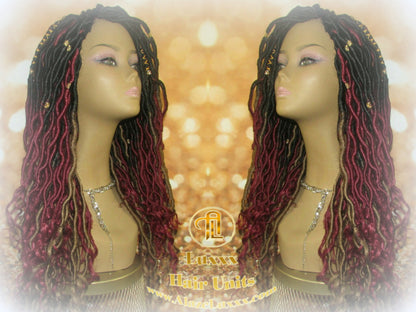 Ombre Goddess Locs Fire 530 Goddess Red Burgundy 1b Blonde 27  Marley Crochet Synthetic Dread Dred Loc Lock Wig Unit Braided Wavy Cosplay