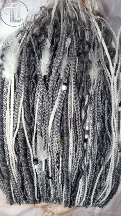 Silver White Grey Single Ended SE  Locs Braids Plaits Hair Extension Boho Festival Burning Man Braid Single Ended Textured Natural Realistic