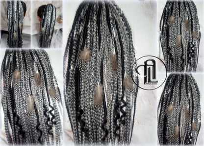 Viking Ponytail Hair Fall Extensions Black Silver Grey  Elements Accents Feathers Jungle box braids hair scrunchie Butterfly
