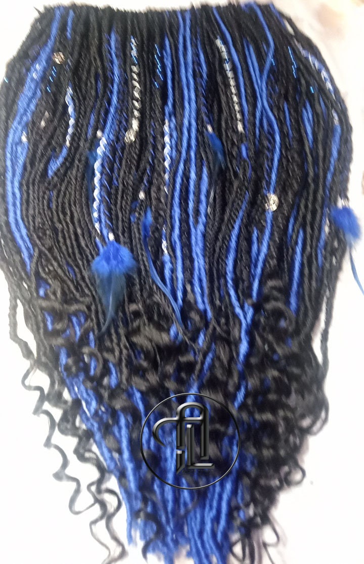 Blue Black SE Synthetic Dreads Braids Locs Mix Gray Blue Crochet Full Set Single Ended Dreadlock Extensions Dreadlocks Fake Faux Locs Witchy