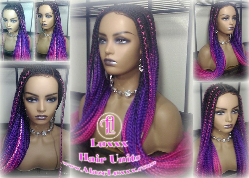 Cornrow Black Purple Pink Ombre Lemonade Braid Wig Lace Closure Baby Hair Box Braids Mermaid Unicorn Rainbow Hair