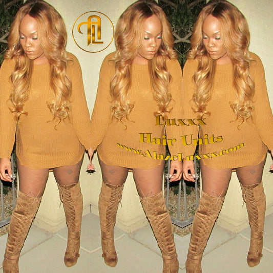 Honey Blonde Auburn 27/30 Dark Roots Ombre 22 In' Straight Long Custom Color Virgin Hair Unit Lace FrontWigs Kim Khloe Kardashian Wig Look