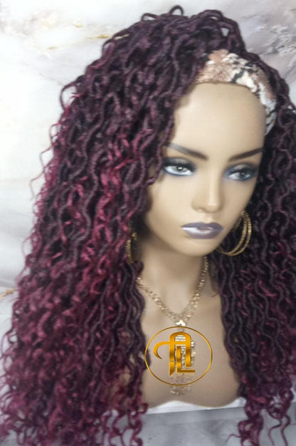 Headband Wig Mix Burgundy Black Ombre River Boho Loc Wig Goddess Faux Locs Gypsy Bohemian Curly Waterfall Hair Curly Ends