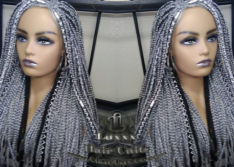 Box Braid 44 51 Wig Grey Gray Black 1b Silver Metallic Chrome Lace Baby Hair Storm Long Medium Straight Glueless! Braid Lace Wig