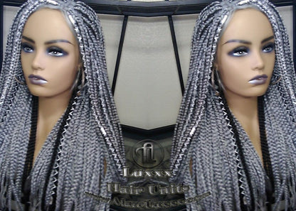 Box Braid 44 51 Wig Grey Gray Black 1b Silver Metallic Chrome Lace Baby Hair Storm Long Medium Straight Glueless! Braid Lace Wig
