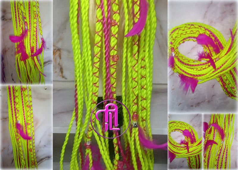 Ponytail Hair Fall Extensions Neon Green Slime Hot Pink Elements Accents Feathers synthetic senegalese twist braids hair scrunchie clip in