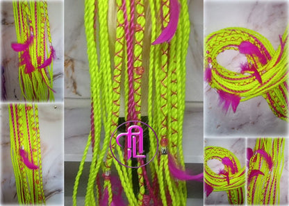 Ponytail Hair Fall Extensions Neon Green Slime Hot Pink Elements Accents Feathers synthetic senegalese twist braids hair scrunchie clip in
