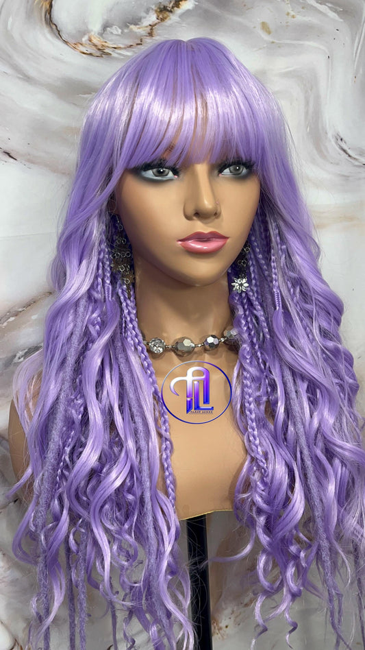 Lavender Purple Dread Braid Wig With Bangs – Long Synthetic Boho Glam Wig - Chain Snake Goddess Loc Braid Wavy Curly Pastel 24in'