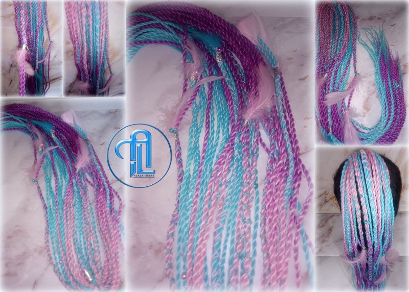 Ponytail Hair Fall Extensions Pink Ombre Purple Blue Elements Accents Feathers senegalese twist braids hair scrunchie gender reveal