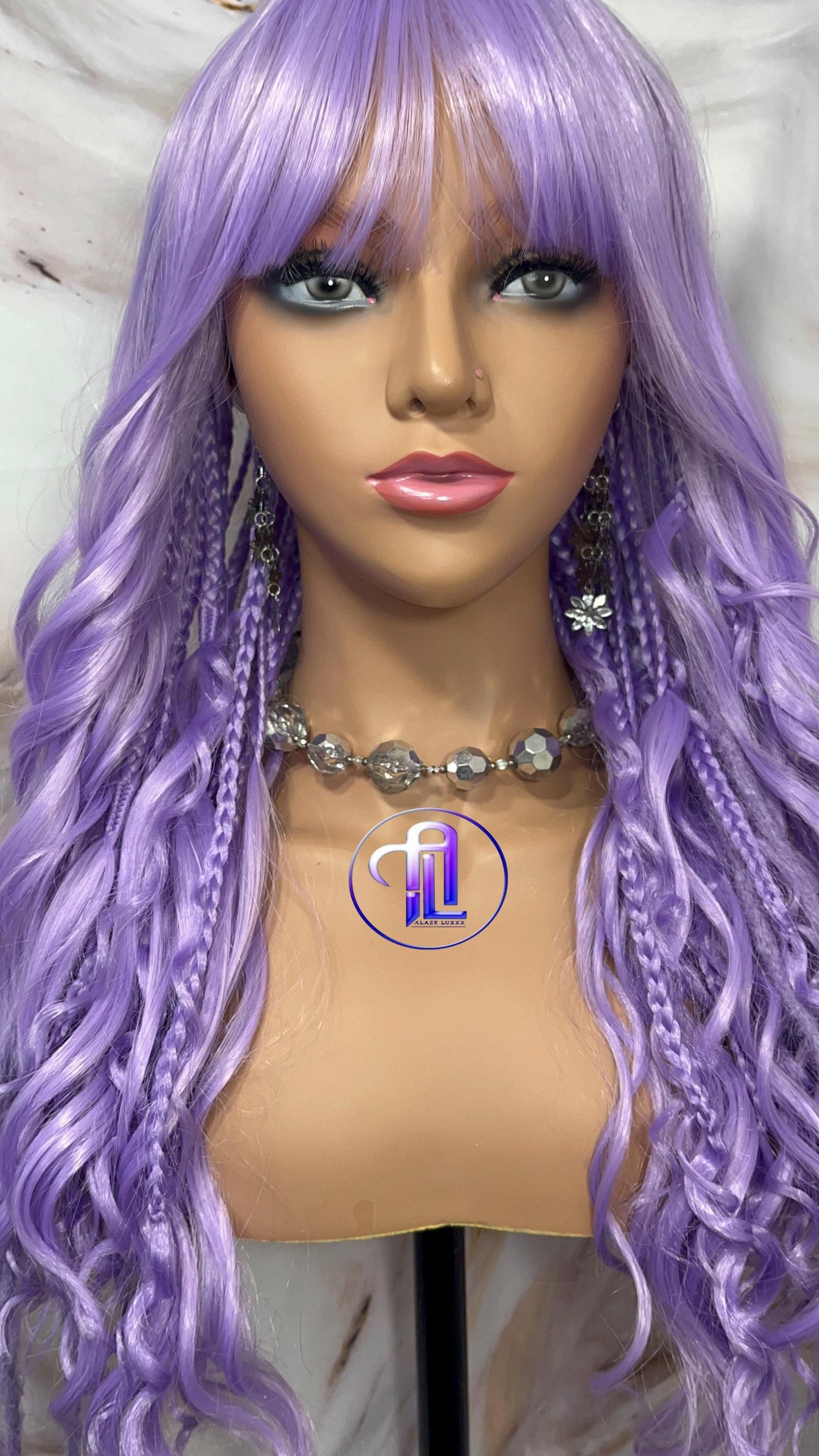 Lavender Purple Dread Braid Wig With Bangs – Long Synthetic Boho Glam Wig - Chain Snake Goddess Loc Braid Wavy Curly Pastel 24in'
