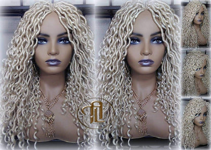 613 Blonde Goddess Faux Locs 14in Short Braid Wig Platinum White Blonde Marley Dred Lock Wig Gypsy Bohemian Boho Lace Part