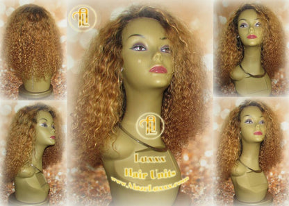 Dark Roots Ombre Honey Blonde 27 Short Curly Kinky Deep Wave Wig Virgin Hair Lace Closure Shoulder Length Balayage Baby Hairs