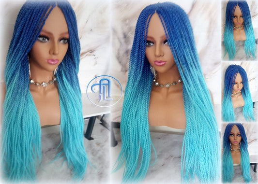 Blue Ombre Senegalese Twist Braid Wig Small Long Gradient Unicorn Mermaid  Braids Light Royal Indigo Blue