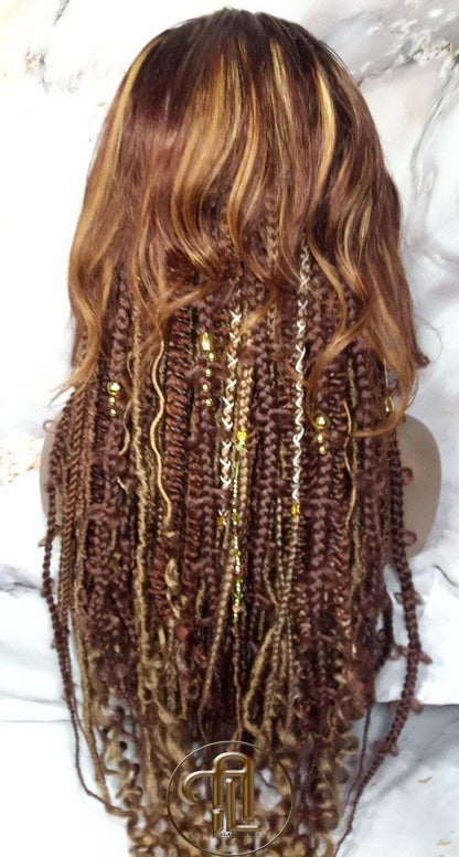 Human Hair Lace Frontal Dread Braid Twist Boho Synthetic Middle Part Bohemian Ombre Brown Blonde Long Wavy Curly Balayage Wig Viking Wig