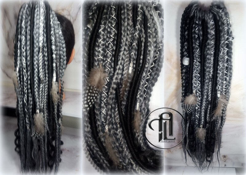Viking Ponytail Hair Fall Extensions Black Silver Grey  Elements Accents Feathers Jungle box braids hair scrunchie Butterfly