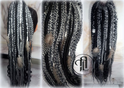 Viking Ponytail Hair Fall Extensions Black Silver Grey  Elements Accents Feathers Jungle box braids hair scrunchie Butterfly