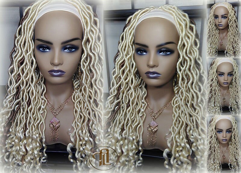 Headband Wig Blonde 613  27 Platinum Honey Blonde Goddess Faux Loc Gypsy Bohemian Boho Wig Blonde Wavy Waterfall Hair Crochet Braided Wig