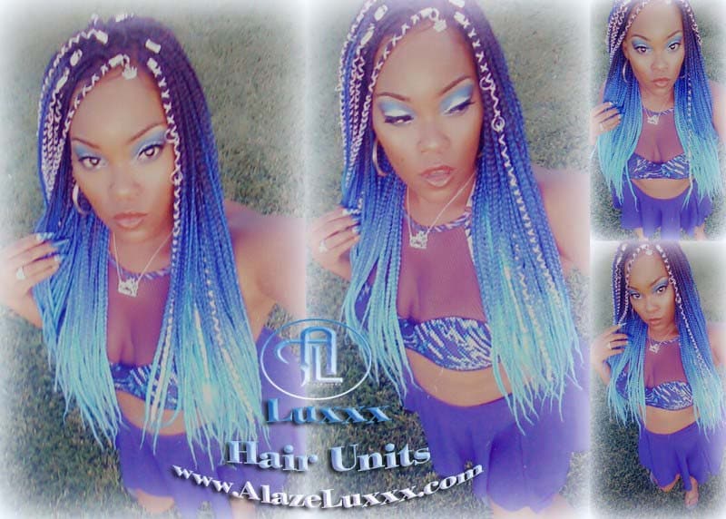 Ombre Blue Mermaid Hair Box Braids Wig Multi Color  Blue  Ombre Box braids wigs 3 tones box braids wig, wig, long length wigs, Braided wigs