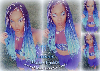 Ombre Blue Mermaid Hair Box Braids Wig Multi Color  Blue  Ombre Box braids wigs 3 tones box braids wig, wig, long length wigs, Braided wigs