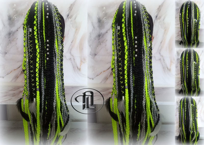 Ponytail Hair Fall Extensions Green Black Grey Ombre Elements Accents Feathers synthetic box braids hair scrunchie clip in Clip on Braids
