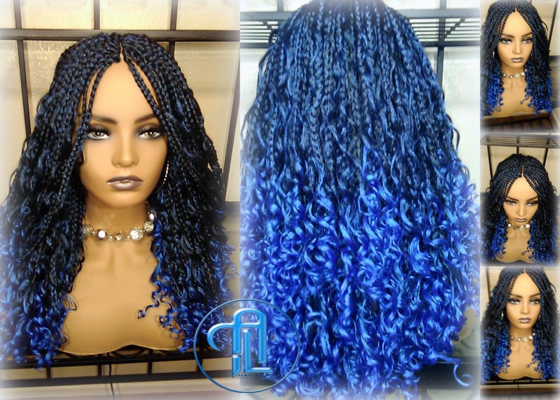 Blue Ombre Goddess Box Braids Mermaid curly long distressed bohemian braids Gradient Hair Short Curly 14/16in