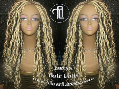 Platinum Blonde Gypsy Bohemian Boho Goddess Faux Dread Locs Wig Unit! Blonde #613 #27 Wavy NEW Marley Dred  Lock Wig Crochet Messy Hair Wig