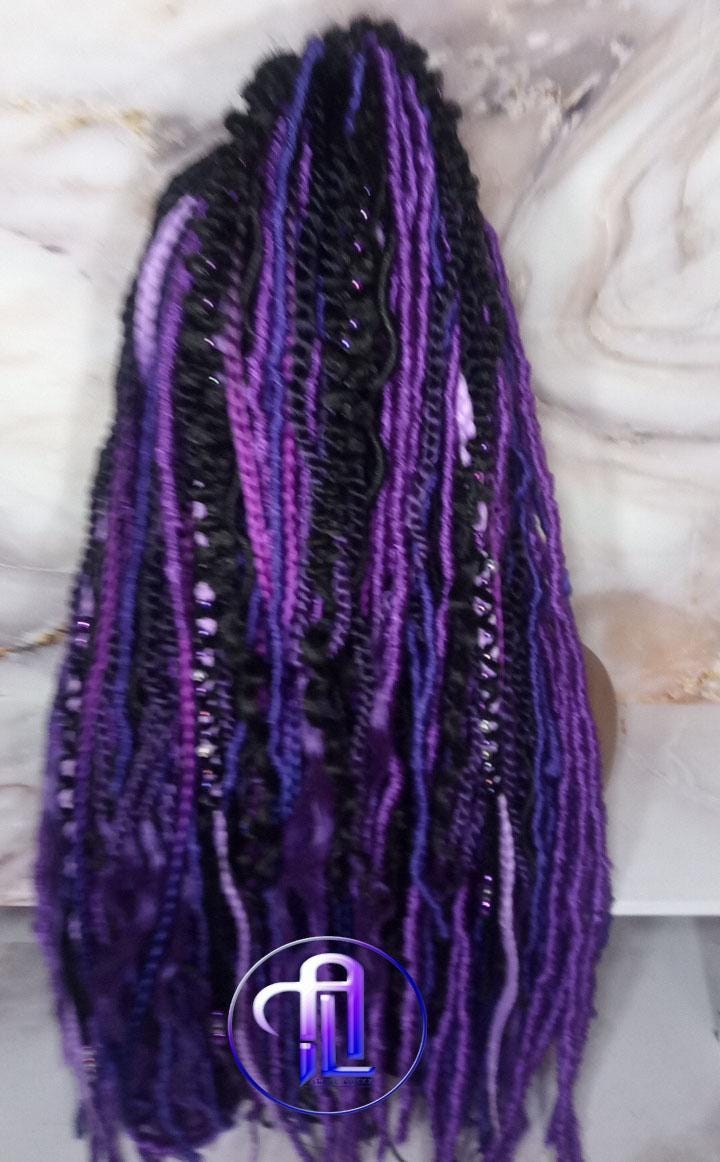 Full Lace Braid Dread Wig Black Purple Ombre Lavendar Goddess Faux Loc Wig Mermaid long rainbow boho bohemian braids wig