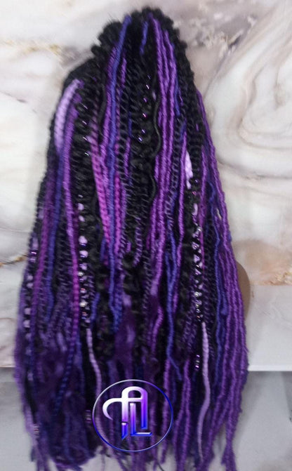 Full Lace Braid Dread Wig Black Purple Ombre Lavendar Goddess Faux Loc Wig Mermaid long rainbow boho bohemian braids wig