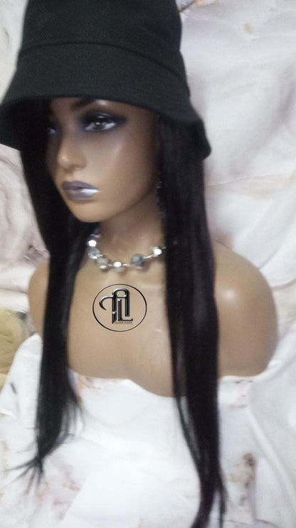 Bucket Hat Human Hair Black Straight Hair Alopecia Chemo Hair Thinning Fisherman Hat Long Human Hair protective style Easy to wear