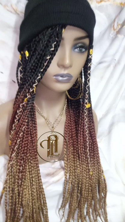 Beanie Hat Black Brown Blonde Ombre Box Braid Boho Style Long Hat Beanie Braided Hat Winter fall fashion Cap Wig Hat Chemo Hat Alopecia