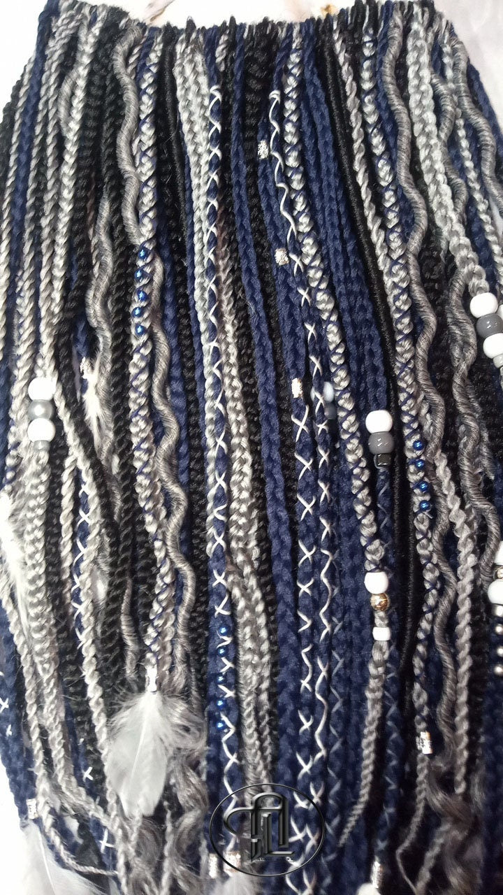 Blue Black Silver Boho Single Ended SE 100 Piece Braids Plaits Twist Soft Crochet Boho Dread Braid Hair Wraps Extensions SE Dread Cuffs Ring