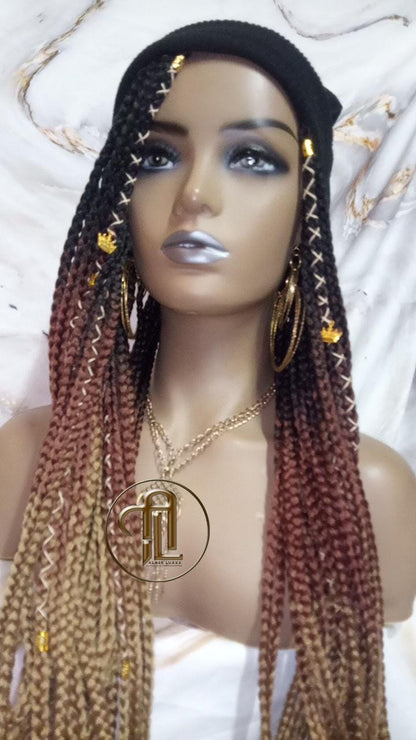 Beanie Hat Black Brown Blonde Ombre Box Braid Boho Style Long Hat Beanie Braided Hat Winter fall fashion Cap Wig Hat Chemo Hat Alopecia
