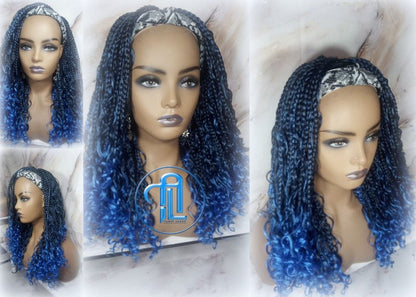 Blue Ombre Headband Braid Wig Goddess Box Braids Mermaid Boho curly bohemian braids Gradient Hair Short Curly 14 16in Viking Braids