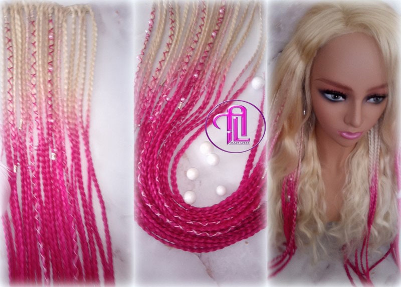 Blonde Pink Ombre Clip in Braid Long 24 in Boho Extensions Pink Ombre Blonde Pink Box braiding hair Rave Festival Elements Feathers