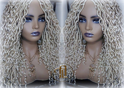 613 Blonde Goddess Faux Locs 14in Short Braid Wig Platinum White Blonde Marley Dred Lock Wig Gypsy Bohemian Boho Lace Part